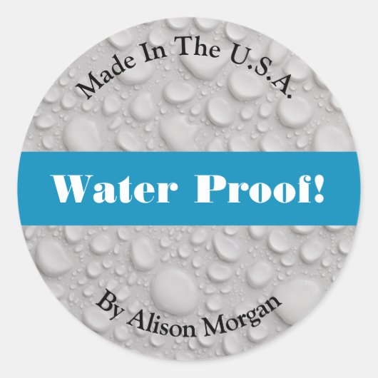 Water Proof, DIY 3 Text Lines & Photo, Med Blue Ronde Sticker (Voorkant)