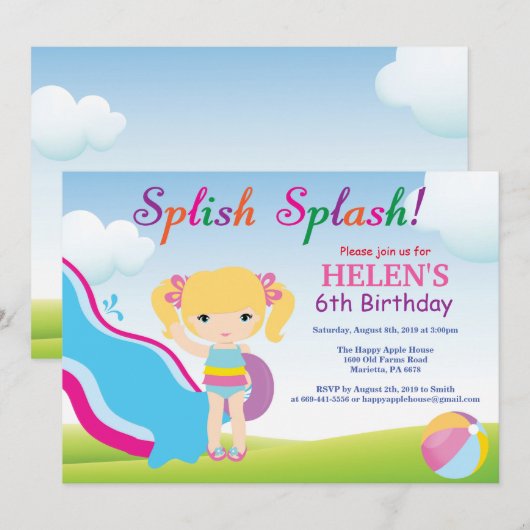 Water Slide Pool Party verjaardagsuitnodiging meis Kaart (Voorkant / Achterkant)