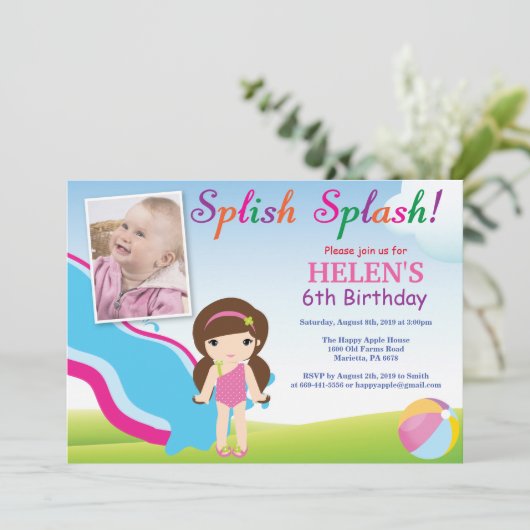 Water Slide Pool Party verjaardagsuitnodiging meis Kaart (Staand voorkant)