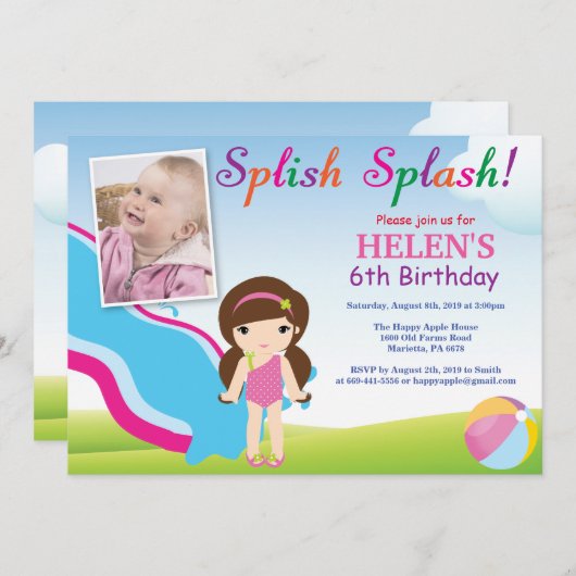 Water Slide Pool Party verjaardagsuitnodiging meis Kaart (Voorkant / Achterkant)