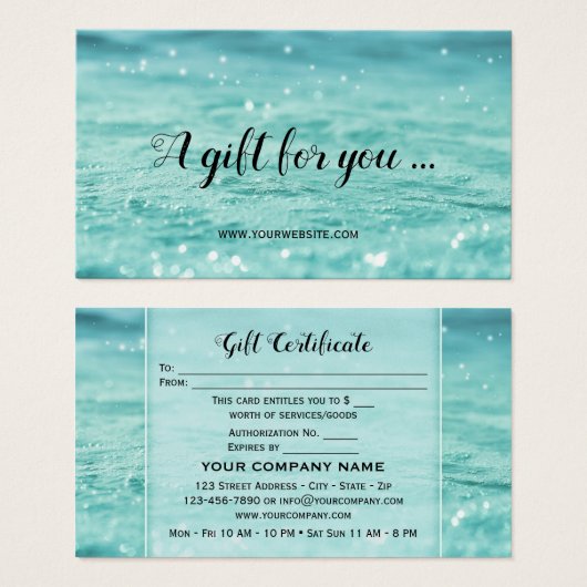 Water Sparkles Beauty Spa Gift Certificate Kaart (Voorkant /achterkant)
