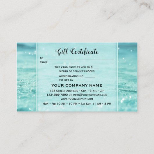 Water Sparkles Beauty Spa Gift Certificate Kaart Kortingskaartje (Achterkant)