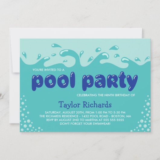 Water Splashes - Kids Verjaardag Zwembad Party Kaart (Voorkant)