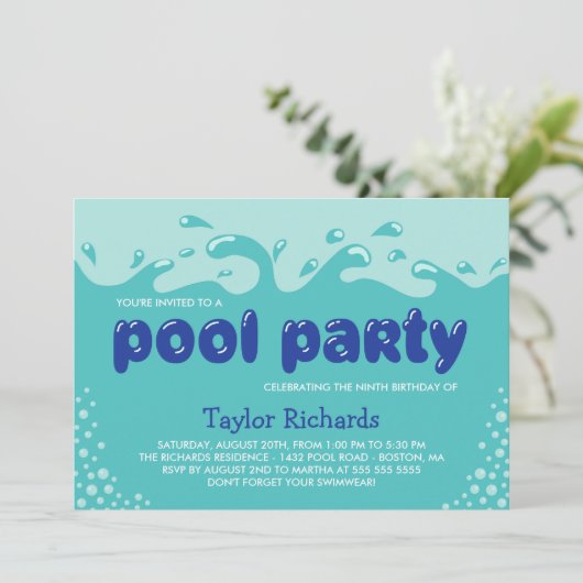 Water Splashes - Kids Verjaardag Zwembad Party Kaart (Staand voorkant)