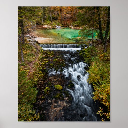 Water stromend door herfstbos poster (Voorkant)