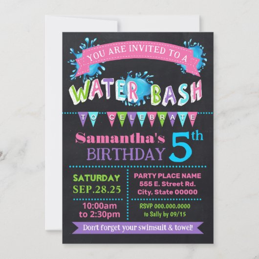 Water Verjaardags Bash Zomer Party Chalkboard roze Kaart (Voorkant)