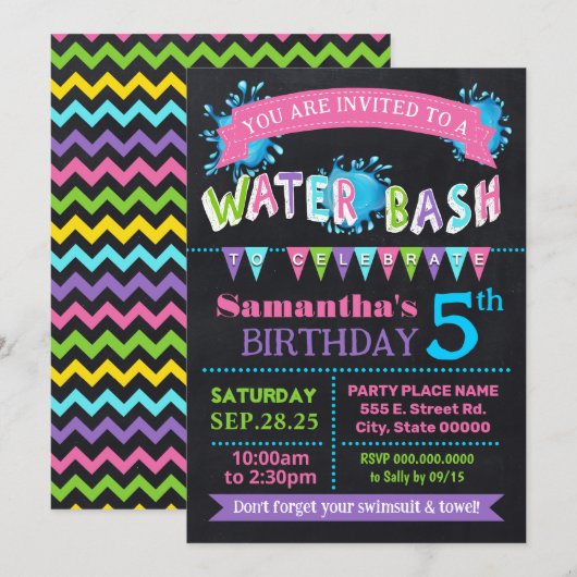 Water Verjaardags Bash Zomer Party Chalkboard roze Kaart (Voorkant / Achterkant)