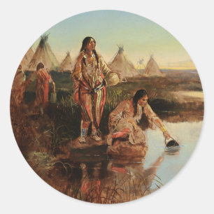“Water voor het kamp” Cowboy Kunst van Charles Rus Ronde Sticker