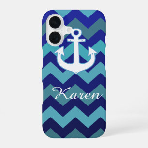 waterblauwe zweeflijnen, anker & naam iPhone 16 hoesje