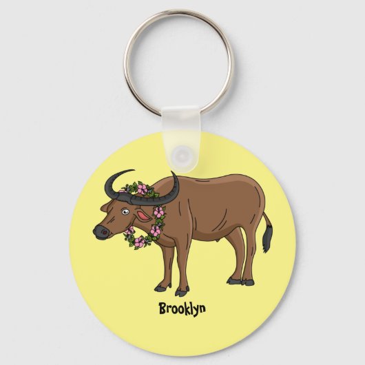 Waterbuffel met cartoon van bloemen sleutelhanger (Voorkant)