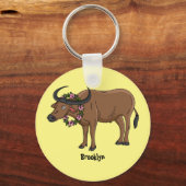 Waterbuffel met cartoon van bloemen sleutelhanger (Voorkant)