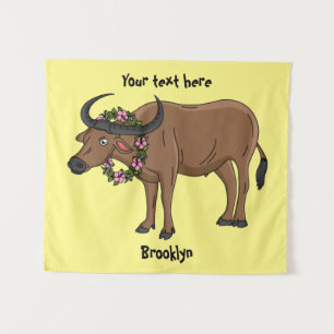 Waterbuffel met cartoon van bloemen wandkleed