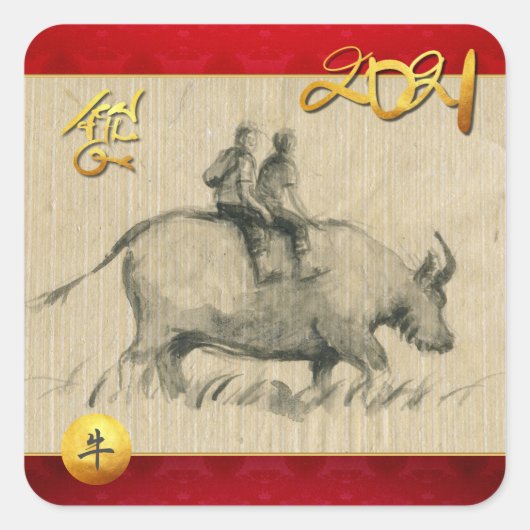 Waterbuffelkinderen Chinees Ox jaar 2021 SqS Vierkante Sticker (Voorkant)