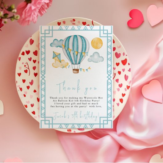 Watercolo-hete luchtballonkind 5e verjaardagsfeest bedankkaart