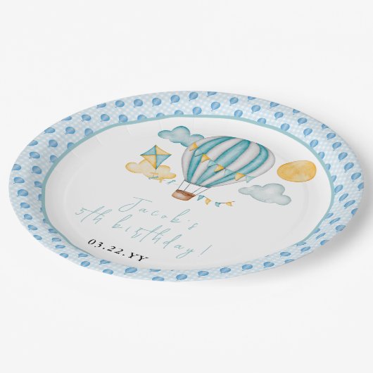 Watercolo Hot Air Balloon Kind 5e verjaardag Papieren Bordje (Gekanteld)