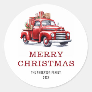 Watercolo Vrolijk Kerstmis Rode Vrachtwagen Gifts Ronde Sticker