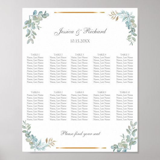 Watercolor 10 Tafels Stoelen Chart Poster Bord (Voorkant)