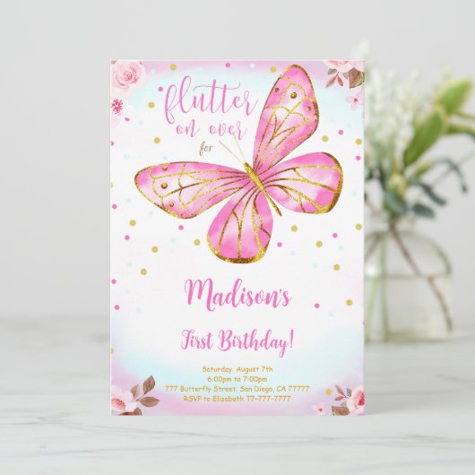 Watercolor 1e verjaardag vlinder uitnodiging (Staand voorkant)