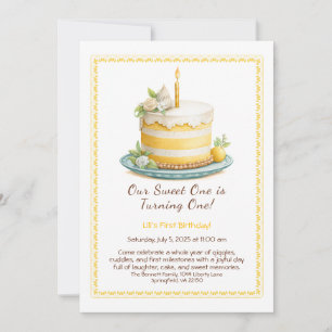 Watercolor 1e verjaardagsuitnodiging - Gele cake Kaart