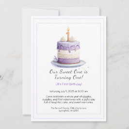 Watercolor 1e verjaardagsuitnodiging met cake lila kaart