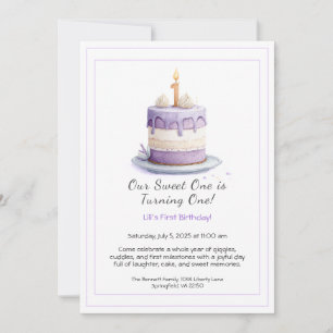 Watercolor 1e verjaardagsuitnodiging met cake lila kaart