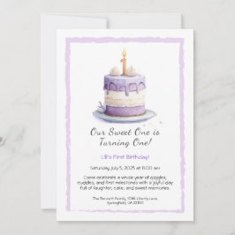 Watercolor 1e verjaardagsuitnodiging met cake lila kaart