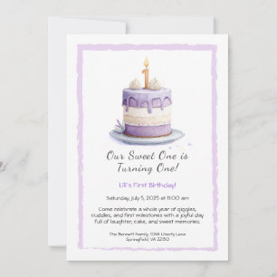 Watercolor 1e verjaardagsuitnodiging met cake lila kaart
