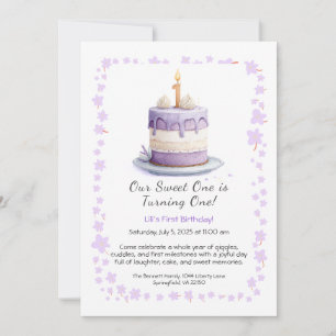 Watercolor 1e verjaardagsuitnodiging met cake lila kaart
