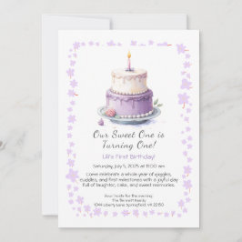 Watercolor 1e verjaardagsuitnodiging met lila cake kaart