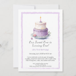 Watercolor 1e verjaardagsuitnodiging met lila cake kaart