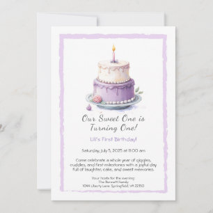 Watercolor 1e verjaardagsuitnodiging met lila cake kaart