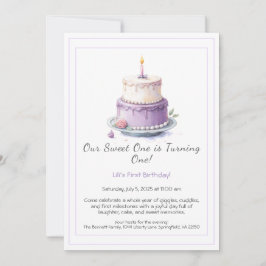 Watercolor 1e verjaardagsuitnodiging met lila cake kaart
