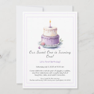 Watercolor 1e verjaardagsuitnodiging met lila cake kaart