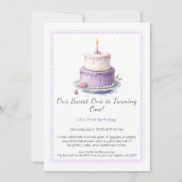 Watercolor 1e verjaardagsuitnodiging met lila cake kaart