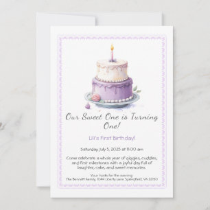 Watercolor 1e verjaardagsuitnodiging met lila cake kaart