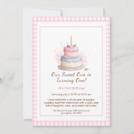 Watercolor 1e verjaardagsuitnodiging met roze cake kaart
