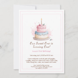Watercolor 1e verjaardagsuitnodiging met roze cake kaart