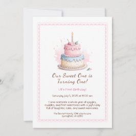 Watercolor 1e verjaardagsuitnodiging met roze cake kaart