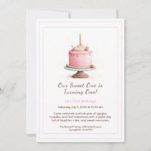 Watercolor 1e verjaardagsuitnodiging - Roze cake Kaart