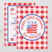 Watercolor 250 Birthday USA Flag Red Check  Kaart (Voorkant / Achterkant)