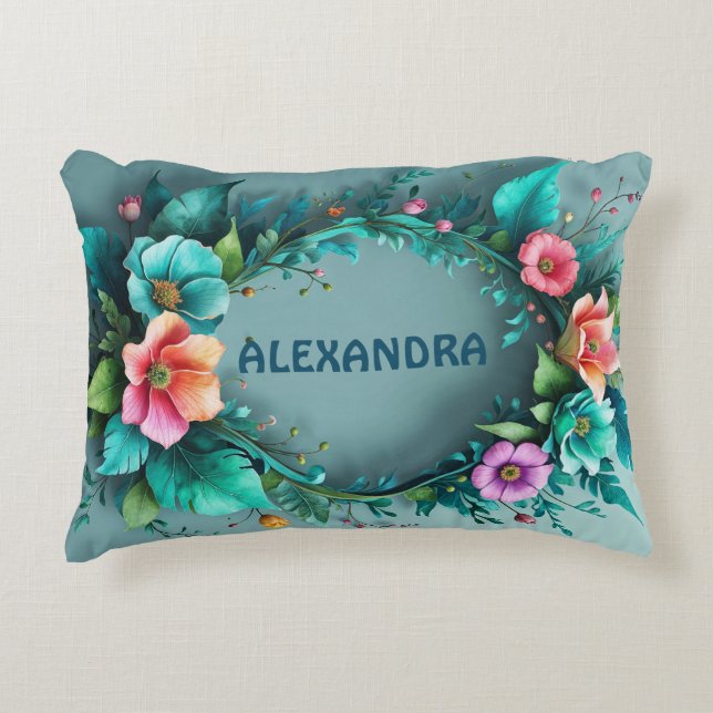 Watercolor 3D Bloemen Frame 27 + jouw tekst Accent Kussen (Voorkant)