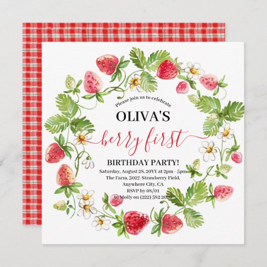 Watercolor Aardbei 1e Verjaardags Uitnodiging (Voorkant / Achterkant)