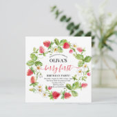 Watercolor Aardbei 1e Verjaardags Uitnodiging (Staand voorkant)