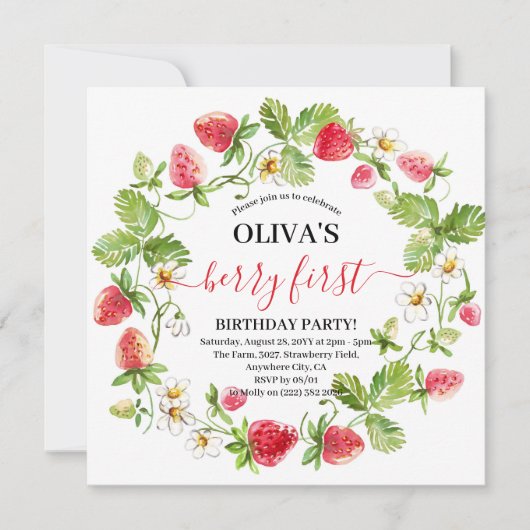 Watercolor Aardbei 1e Verjaardags Uitnodiging (Voorkant)