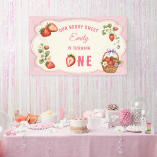 Watercolor Aardbei 1e Verjaardagsfeestje Spandoek