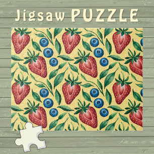 Watercolor Aardbei Bosbes Patroon op Geel Legpuzzel