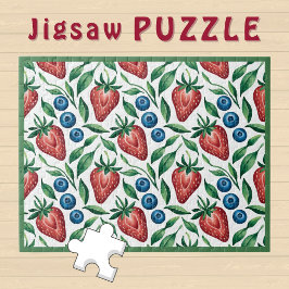 Watercolor Aardbei Bosbes Patroon op Wit  Legpuzzel
