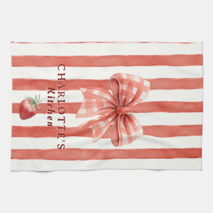 Watercolor Aardbei Gingham Strik Met Rood Streep Theedoek