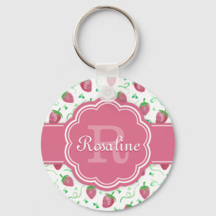 Watercolor Aardbei Patroon met Monogram Sleutelhanger
