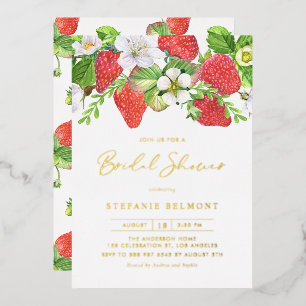 Watercolor Aardbeien Botanische Bruiloftsborrel Folie Uitnodiging